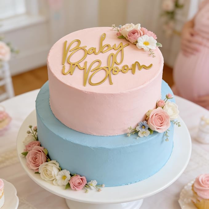 Baby in bloom Cake Topper,Gold Mirror Acrylic Baby shower cake sign Decorations,Gender Reveal Cake Decoration/Pregnancy Announcement/Baby Shower/Birth Announcement/Custom Baby Cake Topper