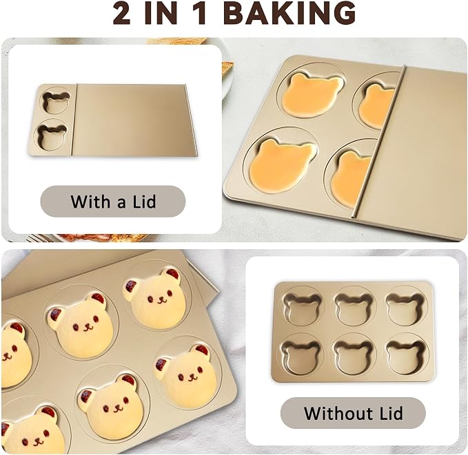 6-Cup English Muffin Pan, Nonstick & Sliding Lid, Bear Shape | 2-in-1 Sliding Lid for Proofing & Baking, Bear Shaped Muffin Pans, Nonstick Carbon Steel Hamburger Bun Mold