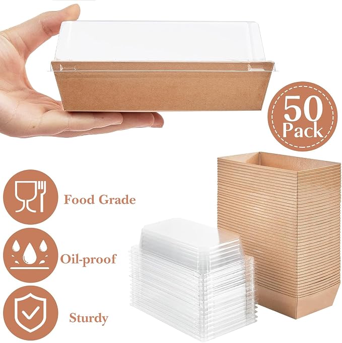 Ocmoiy Small Charcuterie Boxes with Clear Lids, 6x3 Inches, 50 Pack, Brown | To Go Paper Sandwich Containers, Disposable Bakery Treat Boxes, For 2 Cupcakes, Dessert, Muffin, Hot Cocoa Bomb, Strawberries