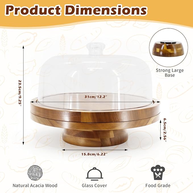 Jolitac Acacia Wood Cake Stand with Lid – 12" Wooden Rotating Cake Stand with Dome Cover, Round Cake Holder Stand with 4 Bonus Cake Sheets, Serving Tray for Cake, Cheese, Charcuterie & Parties