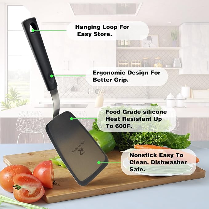 Silicone Spatula Set of 2 – 600°F Heat Resistant, Non-Scratch & BPA-Free Flexible Turners with Hanging Hole for Easy Storage, Ideal Cooking Spatulas for Eggs, Pancakes & Burgers, Black
