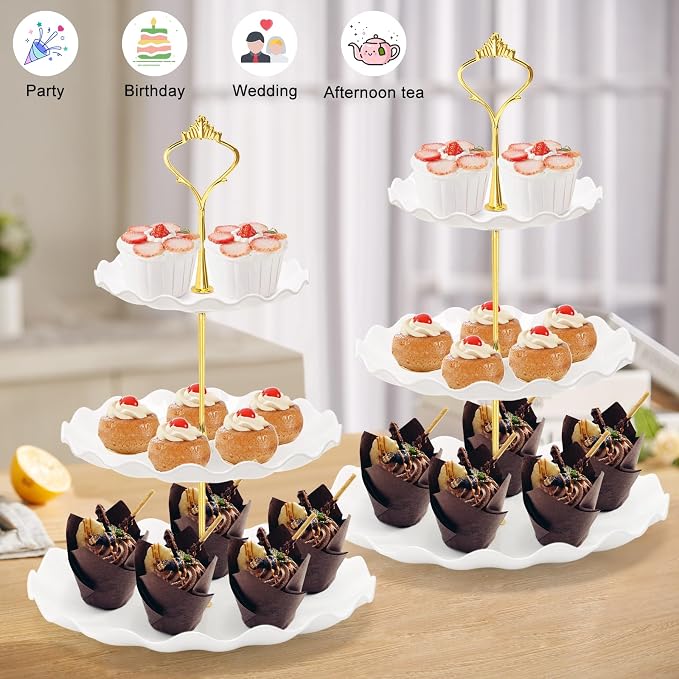 Coitak 3 Tier Cupcake Stand, Plastic Tiered Serving Stand, Dessert Tower Tray for Tea Party, Birthday and Wedding (Wavy-metal rod)