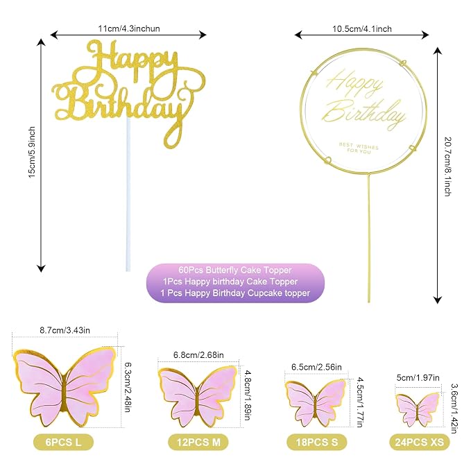 60Pcs Butterfly Cupcake Topper Pink Gold, Lively 3D Butterflies with 2Pcs Happy Birthday Topper for Cake Decor Birthday Anniversary Kids Wedding Girl Women Party Wall Food Decorations,Mixed Size