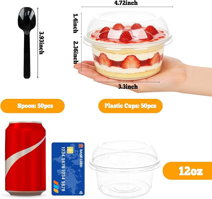 Ysglory 50 Pack 12 oz Plastic Dessert Cups Clear Acai Bowls with Lids Disposable Fruit Parfait Cups Containers With Spoon for Cupcake Yogurt Pudding Yogurt Parfait Smoothie