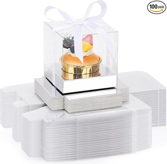 EUSOAR Clear Cupcake Boxes Individual, 100 Pcs 3.5 Inch Silver Transparent Dessert Pastry Muffin Cupcake Containers with Ribbon, Muffins Gift Holder Mini Cake Carrier for Wedding Party Favor Bakery