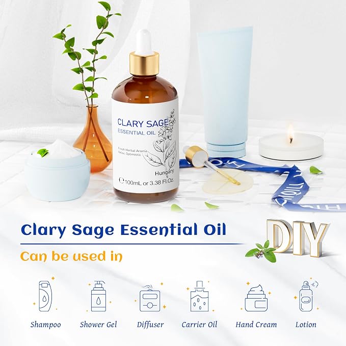 HIQILI Clary Sage Oil Essential, Herbal Sooth Aroma in Diffuse, Meditation, Calming Sleep at Bedtime, Body Massage, Moisturize Skin, DIY Deodorant Spray - 100ML