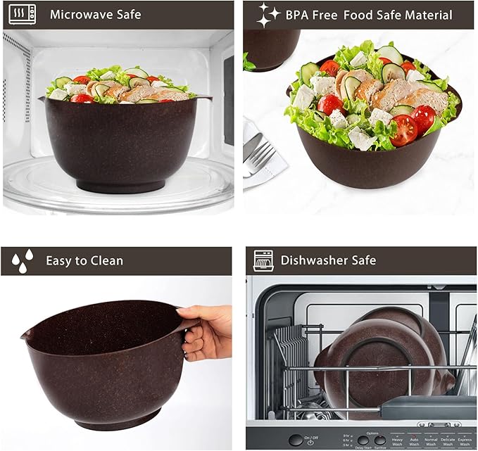 BoxedHome 4.5 Quart Large Plastic Mixing Bowls, Microwave Safe Mixing Bowl Set with Pour Spout, Nesting Bowls for Space Saving Storage(brown)