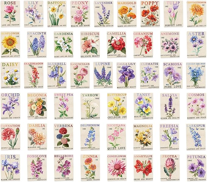 Vintage Flower Stamp Stickers,100pcs Aesthetic Retro Botanical Floral Decals Wildflower Junk Journal Scrapbook Stickers for Laptop Planner Notebook Crafts Cute Garden Flower Decor Sticker Gift
