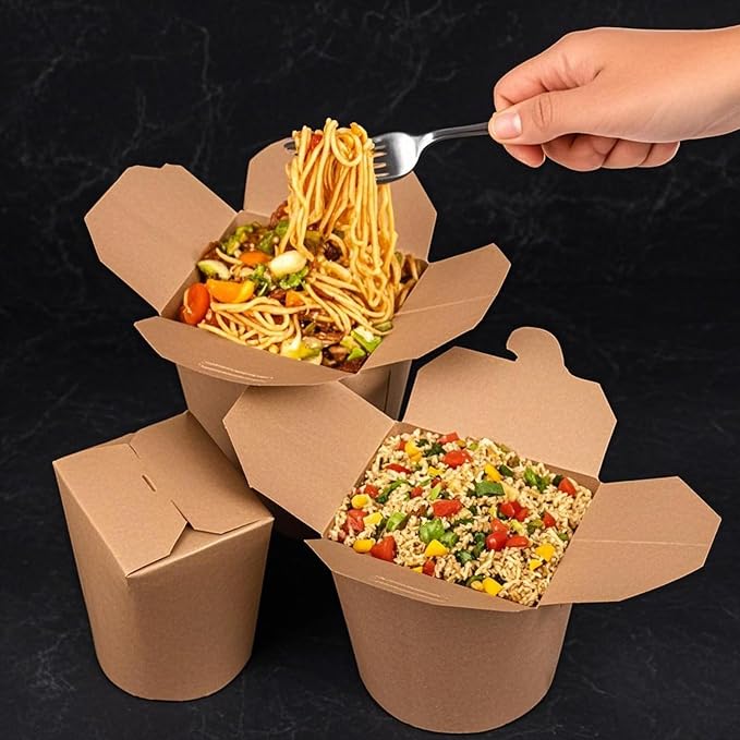 ZOENHOU 25 Pack 26 Oz Small Chinese Take Out Boxes, Leak and Grease Resistant Kraft Paper Takeout Food Containers, Stackable Microwaveable To Go Food Boxes for Party Favors, Lunch Packing
