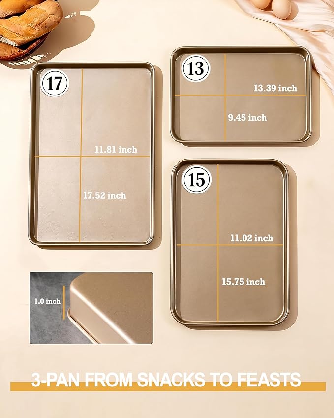 Heavy-Duty Nonstick Baking Sheet, 0.8mm Thick Warp-Resistant Cookie Sheets, Carbon Steel, 3 Pack Half Sheet Pan for Cookies and Pizza (Champagne Gold)