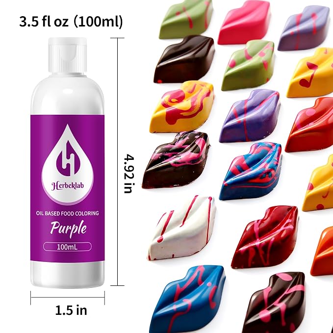 Purple Oil Based Food Coloring for Chocolate – Herbeklab 100ml Professional Concentrated Oil Food Dye for Candy Melts, Chocolate, Cake Pops, Strawberries & Baking