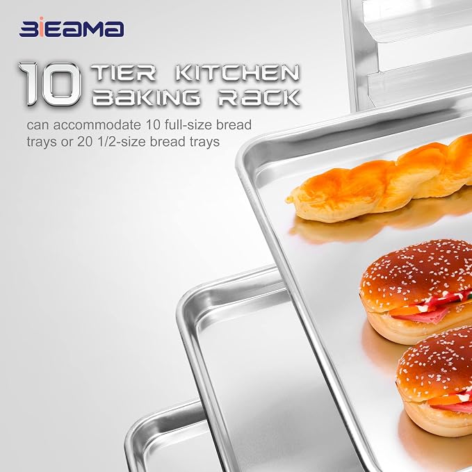 BIEAMA 10-Tier Full Size Sheet Pan Rack, NSF Aluminum Bun Pan Rack | Bakery speed Rack for Home Commercial Kitchen Bakery Cooling, 4 Wheels