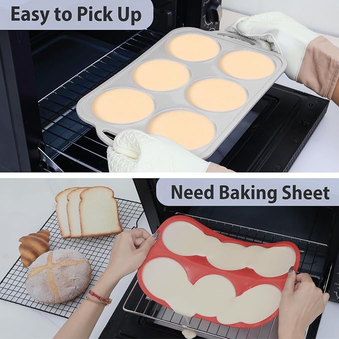 4 Inch Jumbo Silicone Muffin Top Pan with Metal Frame, Non Stick Silicon Egg Mold for Oven, Large Whoopie Pie Baking Pan with Handle for English Breakfast Sandwich, Egg Bite, Bun Tart,Light Grey