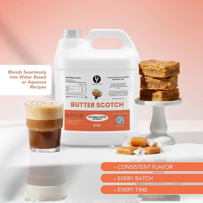 Dolce Flav Natural Butterscotch Extract – 8 Ounce Water-Soluble Kosher, Sugar-Free, Concentrated Rich Butterscotch Flavoring for Baking, Beverages & Desserts, Includes Measured Dropper