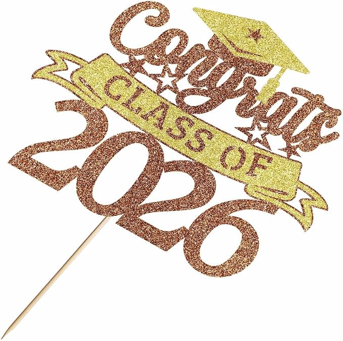 Glitter Class of 2026 Cake Topper，Congrats Grad Decorations， 2026 Happy Graduation High School/College/University Graduation Party Supplies Brown and Gold