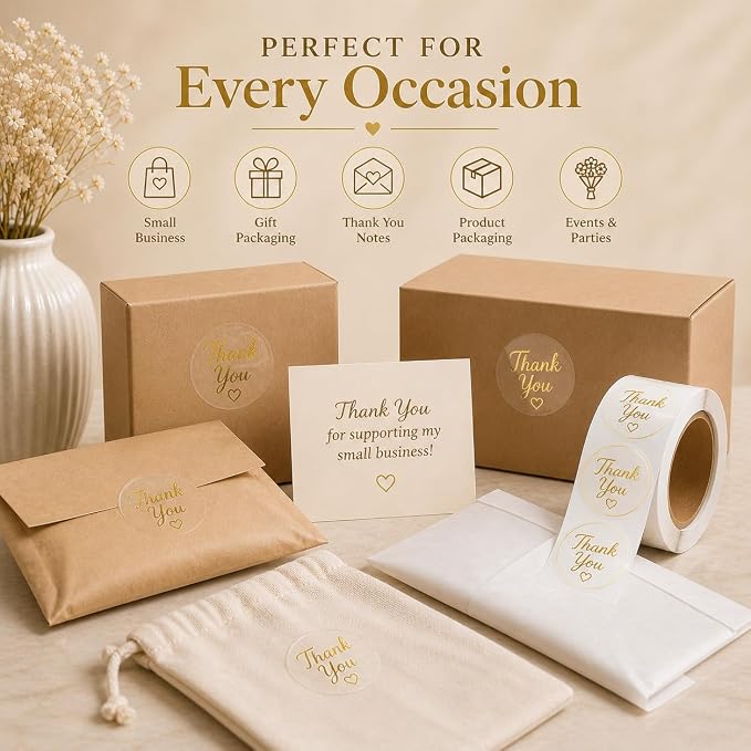 1000 Clear Thank You Stickers Roll, 1 Inch Round Gold Thank You Labels, Bulk Thank You Stickers for Small Business Packaging, Boxes, Bags, Envelopes, Baked Goods & Party Favors, 2 Rolls of 500