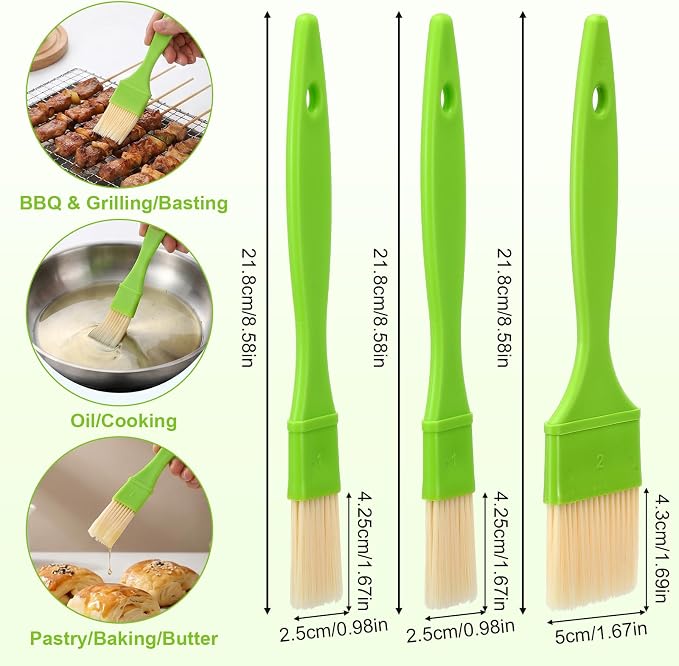 Amaxiu 3 Pcs Pastry Brush Set, 1in and 2in Bristle Basting Brush | 1in and 2in Bristle Basting Brush for Cooking, Heat Resistant, Kitchen Brush for Oil BBQ Butter, with Hang Hole Green