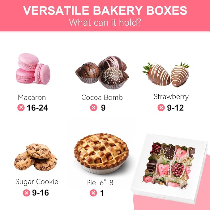 Kucoele Pie Boxes, 8 x 8 x 2.5 Inches, 20 PCS, White | Auto-Popup, with Window, Bakery Boxes, Cookie Boxes, Treat Boxes, For Chocolate Strawberries, Pastries, Muffins, Donuts