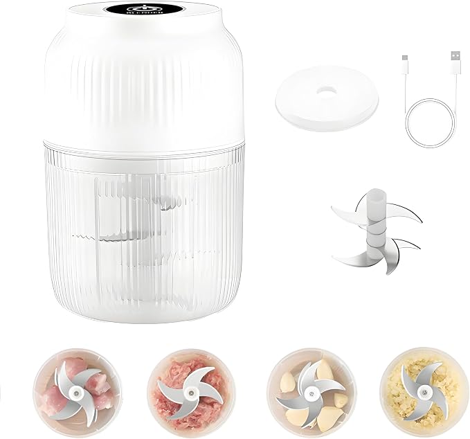 Cordless Multifunctional Electric Garlic Chopper,350ml Mini Food Processor with 6 Blades,USB Rechargeable 1-Touch Food Grinder for Garlic, Onion, Ginger, Chili (White,6 Blades)