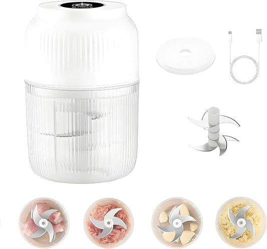 Cordless Multifunctional Electric Garlic Chopper,350ml Mini Food Processor with 6 Blades,USB Rechargeable 1-Touch Food Grinder for Garlic, Onion, Ginger, Chili (White,6 Blades)