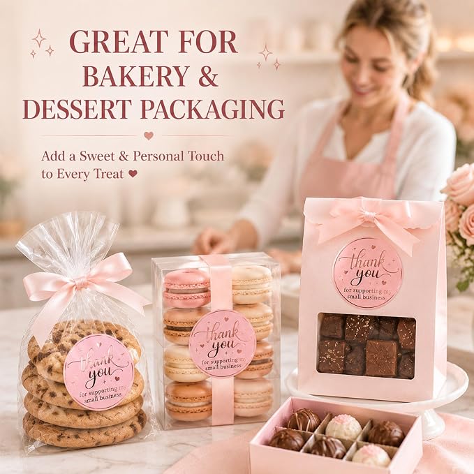 100PCS Thank You for Supporting My Small Business Stickers, Pink Rose Foil Labels for Boutique Packaging, Bakery Boxes, Dessert Treat Bags, Shipping Mailers, Handmade Sellers & Small Shops.1.6 inch