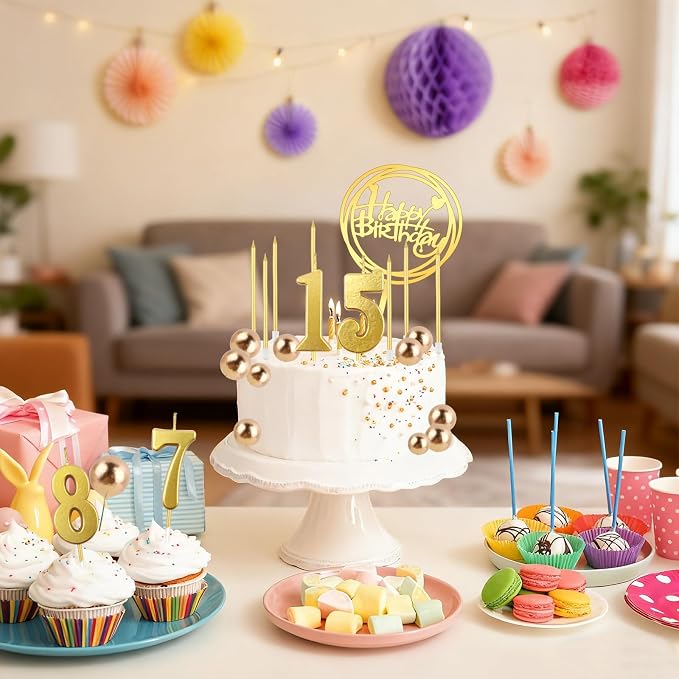 Gold Ball Cake Topper 34Pcs Happy Birthday Cake Toppers Birthday Candles DIY Cake Decorations with Numbers 0-9 for Men Women Wedding Anniversary
