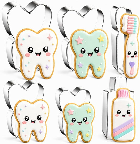 6 Pieces Tooth Cookie Cutters Set, Stainless Steel Dental-Themed Biscuit Molds Includes Teeth, Toothpaste, Toothbrush for Baking, Dental Party, Kids Birthday, Dentist Appreciation, Halloween Treats