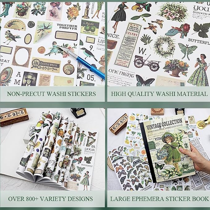Vintage Scrapbooking Sticker Book for Adults - 800+ Washi Journaling Stickers Ephemera Book for Junk Journal Supplies DIY Crafts Arts Decorative 24 Sheets