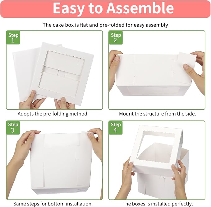 Moretoes 12 Pcs Cake Box, Tall Cake Boxes with Window in 3 Sizes 12x12x12 10x10x10 8x8x8 Inches, Bakery Boxes Disposable Carrier Take Out Container, 2 or 3 Tier for Valentine's Day Mother's Day