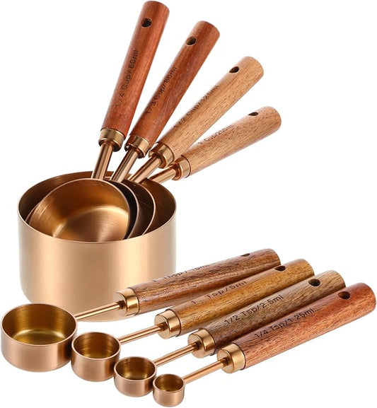 8-Piece Stainless Steel Measuring Cups and Spoons Set - Rose Gold Baking Measuring Cups and Spoons Set with Wooden Handles for Cooking & Baking (US & Metric Measurements)