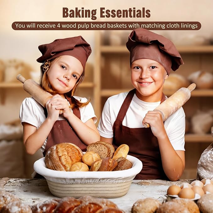 Baderke 4 Pack Banneton Bread Proofing Basket Set 10 Inch Wood Pulp Sourdough Proofing Basket Non Stick Sourdough Banneton Bowl and Liners for Bread Baking Supplies(Beige,Oval)