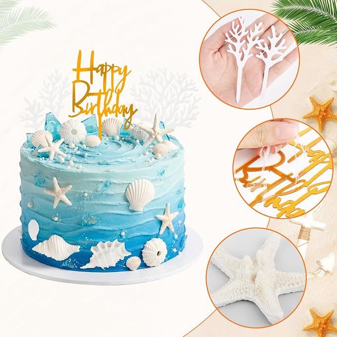 Hooqict 18Pcs Ocean Seashells Cake Decorations Set with Starfish Sea Shells Cake Toppers for Summer Happy Birthday Under the Sea Ocean Beach Birthday Party Decorations Supplies