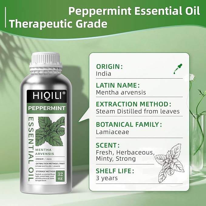 HIQILI Peppermint Essential Oil 32oz Aromatic Oil for Freshening Air, Hair Care, DIY Soap, SPA & Home Use