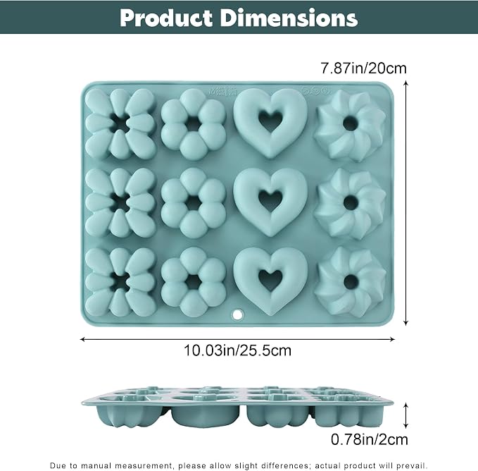 Donut Pan, 12 Cavity Silicone Donut Baking Pan, Non-Stick Silicone Doughnut Pan Food Grade Cake Mold for Jello, Cupcake, Doughnut Donut, Cornbread, Brownie
