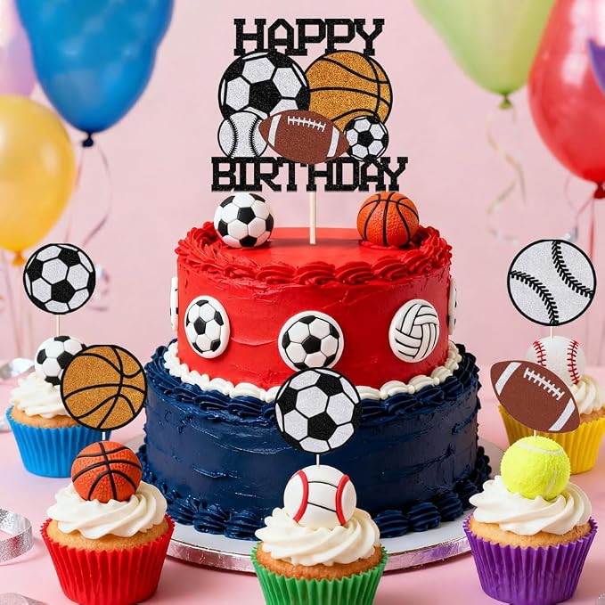 6pcs sports Happy Birthday Cake Topper， | Boys and Girls Sport Theme Party Decoration，for Ball Sports Themed Birthday Parties or Game Day Celebrations