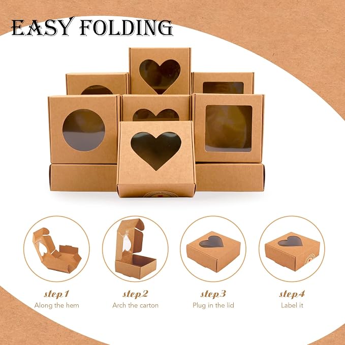 Moukiween 30 PCS Brown Soap Boxes for Homemade Soap, 2.95 X 2.95X 1.18 Inch Packaging Gift Boxes with Window, Small Square Soap Wrapping Boxes (Brown)