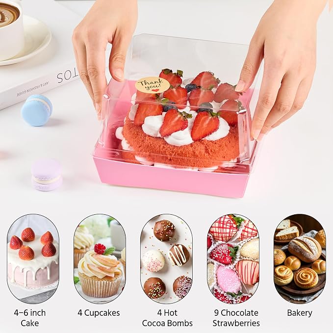 Kucoele Cake Boxes with Clear Lids, 7 x 7 x 4 Inches, 20 Pack, Pink | Disposable, Square Charcuterie Boxes, To Go Food Containers, For 4-6 Inch Cake, Jumbo Cupcakes, Bakeries