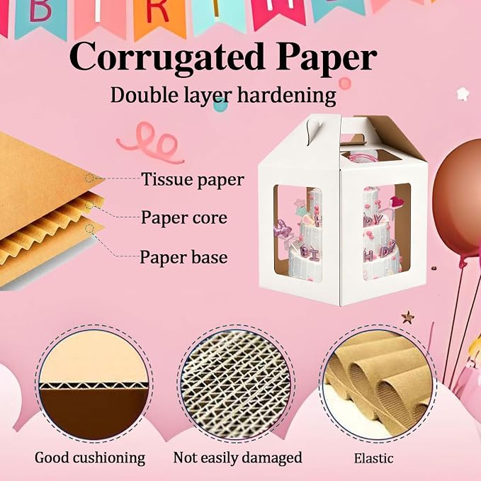 Cake Boxes - 2 Pack Tall Cake Box 12x12x14 Inch Disposable Layer Carrier with 6 Window Large Tierd Cake Out Transport Containers with Handle for Wedding, Birthday, Party