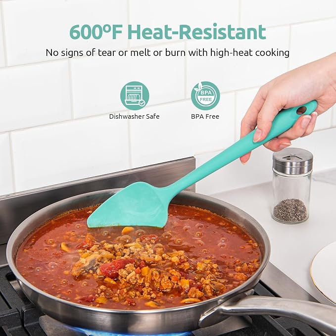 U-Taste Flat Spatula & Spoon Spatula: 11.38in 600ºF Heat Resistant Silicone Bowl Scraper, Flexible Rubber Kitchen Cooking Mixing Utensil with Upgraded Non-Stick Surface (Set of 2, Aqua Sky)