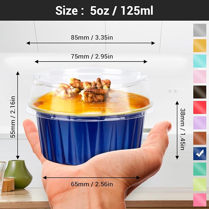 EUSOAR Disposable Ramekins with Lids, Royal Blue 50pcs 5oz Creme Brulee Ramekins Disposable, Muffin Liners Cups Oven Safe Mini Cheesecake Foil Pans Dessert Containers for Party Favor Birthday