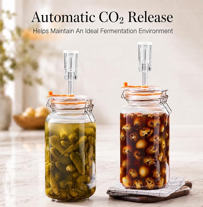 Fermentation Jars, 2L Fermenting Kit With Glass Weights, 2-Pack | Wide-Mouth 2L Glass Jar With Self-Venting Airlock, Ideal For Sauerkraut, Kimchi, Pickles And Other Homemade Ferments