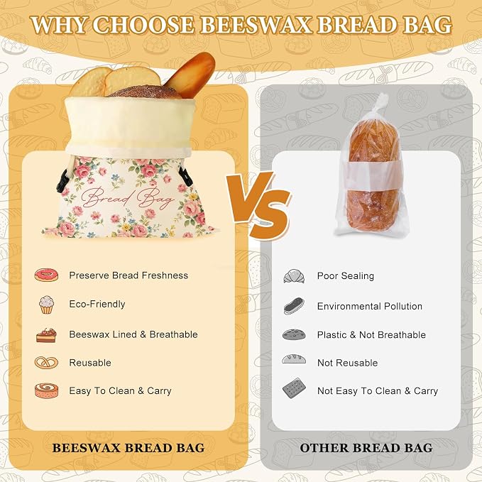 2 Pack Beeswax Bread Bags for Sourdough, 17x13 Inch Reusable Linen Beeswax Bread Bag with Buckle to Keeps Homemade Bread Freshness for Food Storage(Pink Floral)
