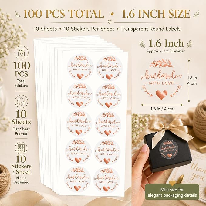 100PCS Handmade with Love Stickers, Transparent Rose Gold Foil Labels for Boutique Small Business Packaging, Elegant Gift Wrapping Seals for Candle Bakery Soap Handmade Orders,1.6"