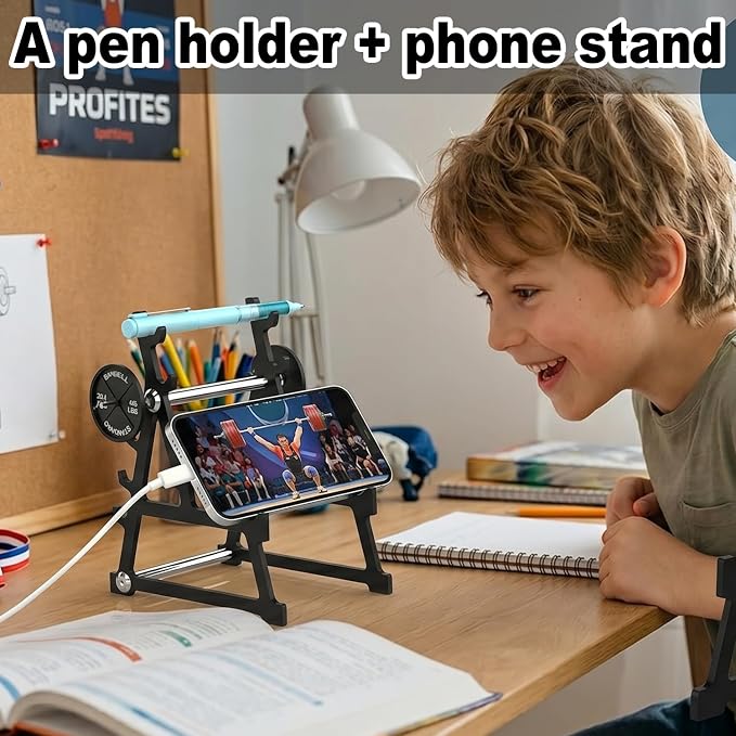 Metal Squat Rack Pen Holder with 8 Slots – Mini Barbell & Weight Blocks, Funny Desk Decor for Men Women, Cool Office Desk Accessories, Unique Pen Holder Gift for Gym Lovers Fitness Enthusiasts (Black)