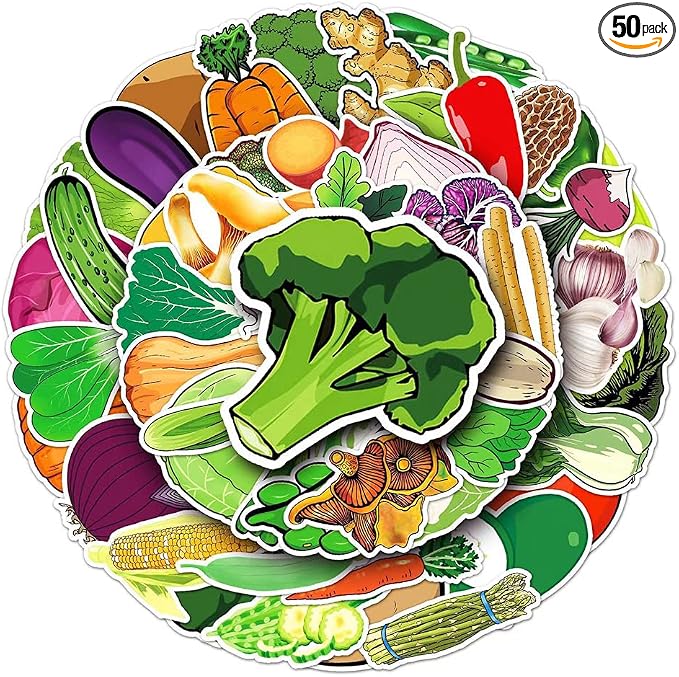 Vegetables Stickers |50Pcs Vegetables Waterproof Vinyl Decals | Removable Resuable Sun-proof Peel and Stick for Water Bottles Laptop Luggage Cup Computer Mobile Phone Skateboard Decoration