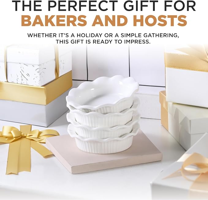Aunt Shannon's Kitchen White Ceramic Mini Pie Pans - Set of 4 - Small 5.5 Inch Pie Pans with Classic Fluted Rims - Individual Apple Pie, Quiche, Puddings,Tart, Oven and Microwave Safe, White