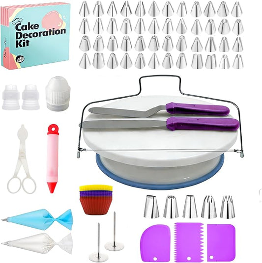 103pcs Cake Decorating Kit, Cake Decoration Tools with Cake Stand Turntable, 2 Frosting Spatulas, 48+5 Icing Tips, 20+1 Piping Bags, 12 Silicone Muffin cups, Cake Baking Supplies