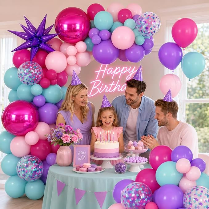 Pink and Teal Blue Balloon Arch Garland Kit with Purple Star Foil Balloons Hot Pink 4D Round Balloons for Birthday Baby Shower Wedding Anniversary Party Decorations