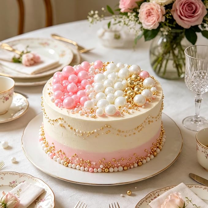 Sentovac Pink White Gold Pearls Sprinkles 4 Size（2mm 4mm 7mm 1cm）Mix for Cake Decorating Candy Cupcake Cake Topper Cookie Baking Decorations Supplies