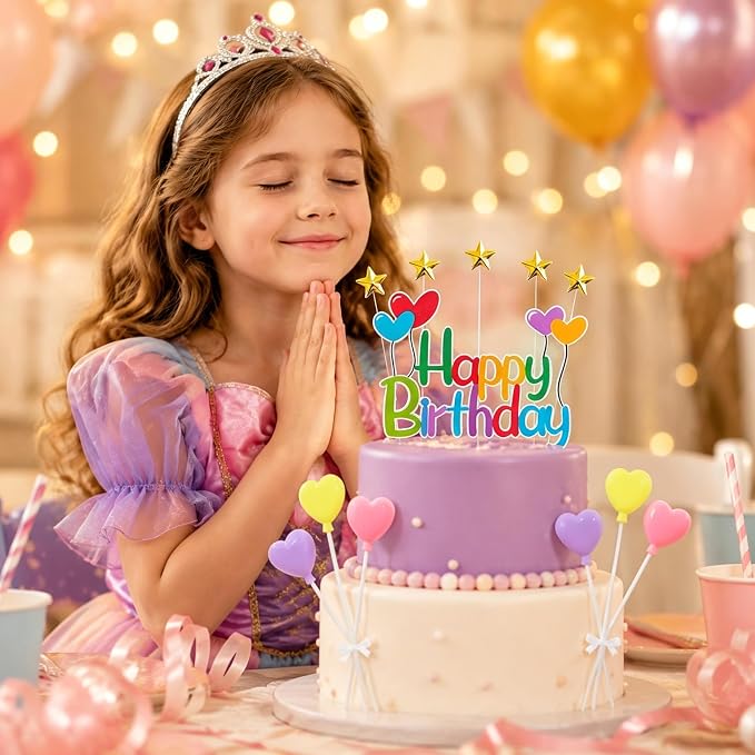 Colorful Happy Birthday Cake Topper Set - Stars and Hearts Picks, Perfect for Kids' Birthdays, Rainbow Themed Parties Ideal for Cupcakes Party Decor